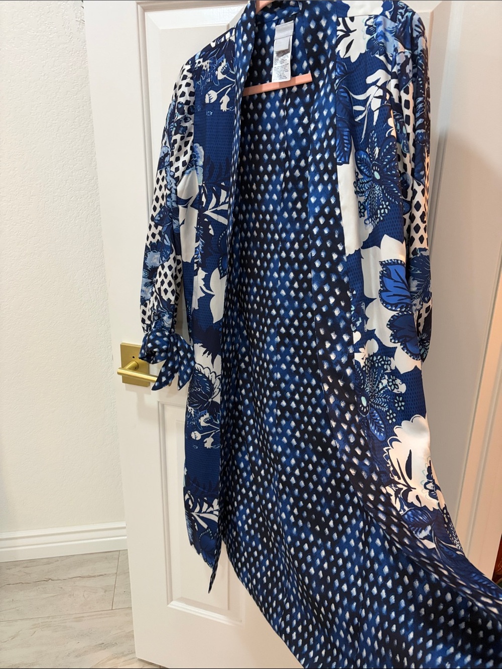 Chico's Navy and White Floral Tie-Sleeve Long Sleeve Dress - Picture 5 of 8